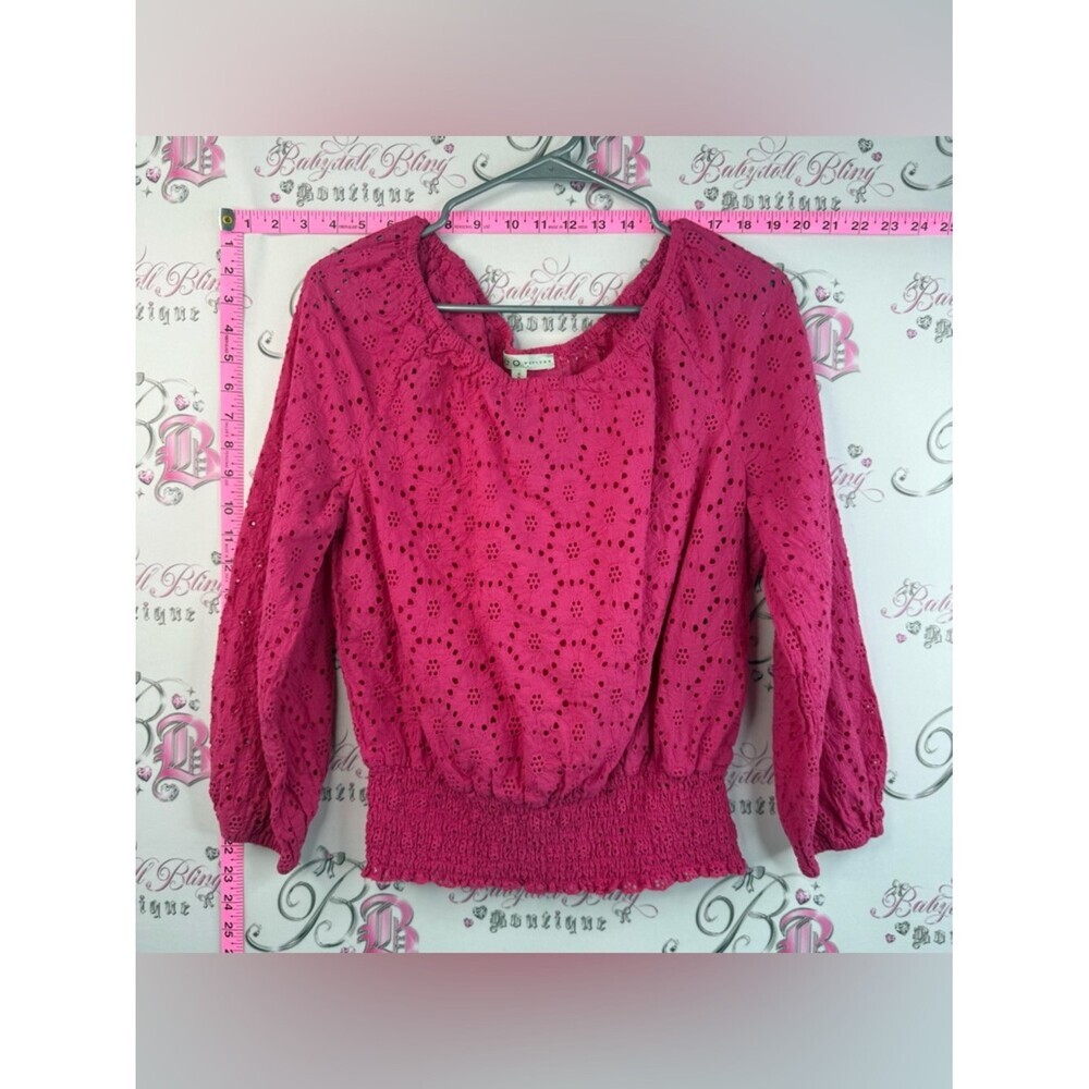 cleo long sleeve shirt, crochet look, smocked Fuchsia Eyelet Peasant Blouse